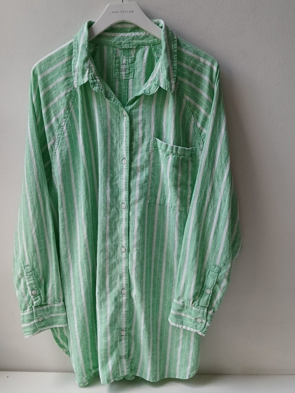 Aerie Linen Blend Coverup Shirt Green White Stripe Women's Large